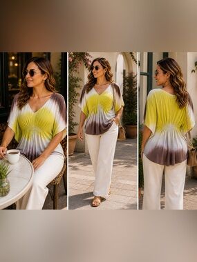 Worthington Yellow-Green Ombre V-Neck Blouse